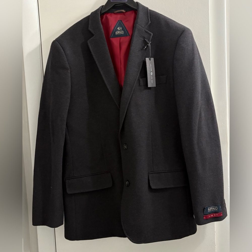 NWT Sz 42L Buffalo David Bitton Charcoal Blazer with Red Lining